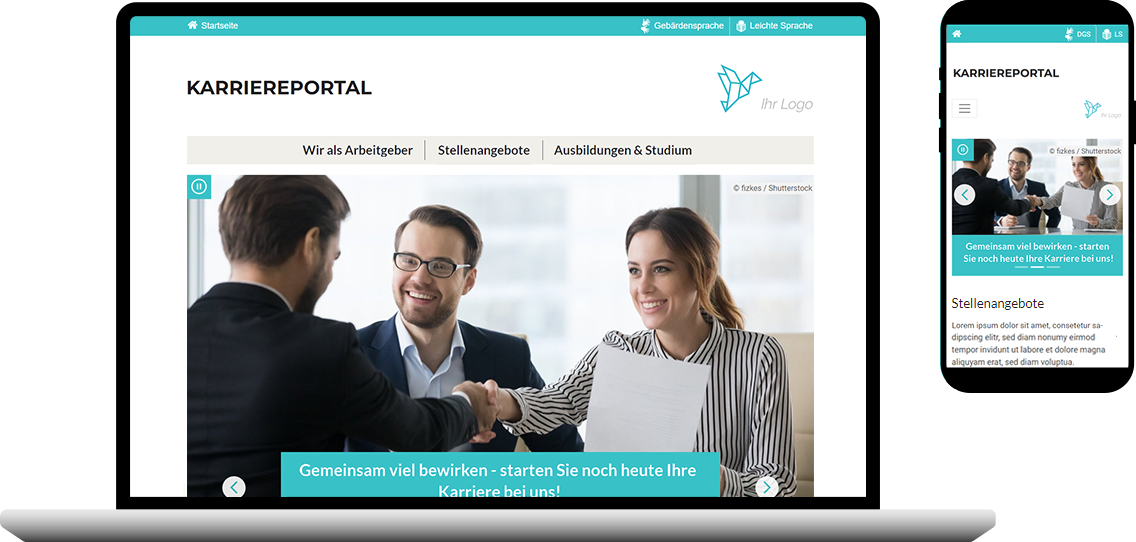 Digitales Karriereportal, Startseite mit Unterkategorien "Wir als Arbeitgeber", "Stellenangebote" und "Ausbildungen und Studium"